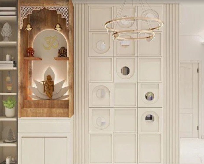 A jali-patterned prayer unit and display wall crafted by Nakshatra Interior Design Studio